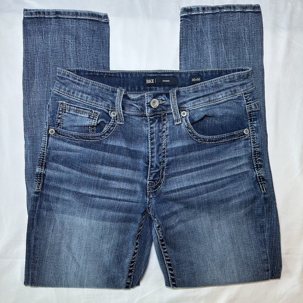 BKE Mason Jeans Mens 30x30 Blue Medium Wash Straight Distressed Stretch Denim